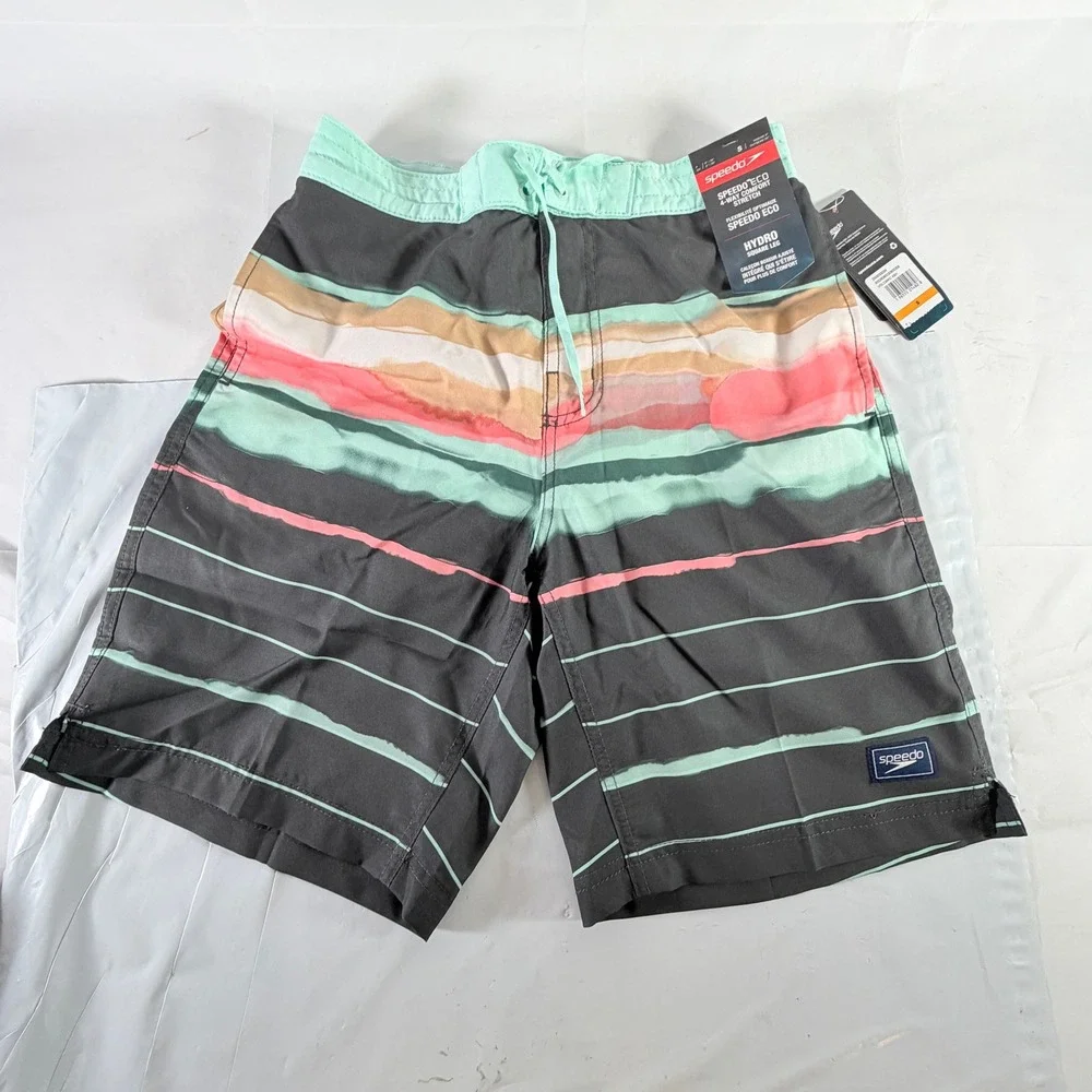 Speedo Eco Hydro Square Leg Swim Board Shorts Volcanic Ash Striped Small NWT‎